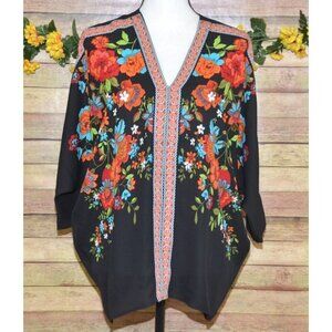 Boho Rose + Olive Ladies S Floral Oversized Blouse Top Colorful Dolman Sleeve